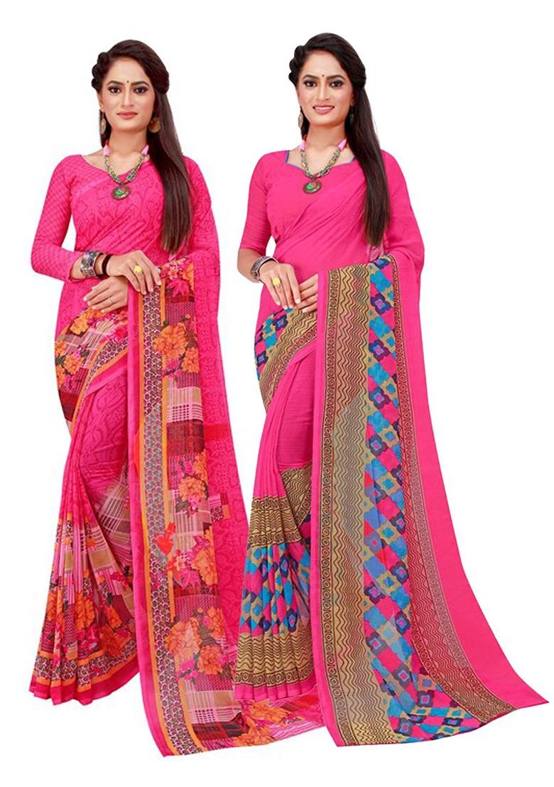 Pink Printed Georgette Saree Set (Set Of 2)