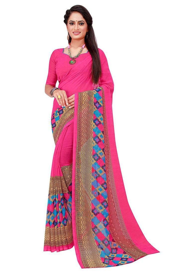 Pink Printed Georgette Saree Set (Set Of 2)