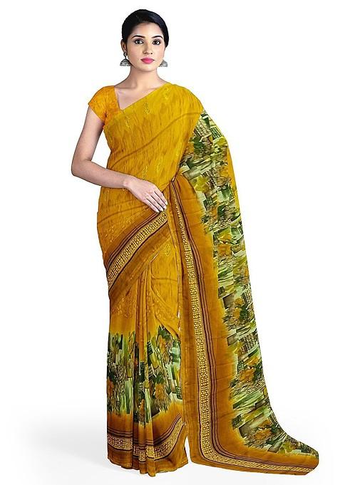 Yellow Floral Georgette Saree Set