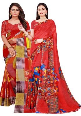 Red Printed Georgette Saree Set