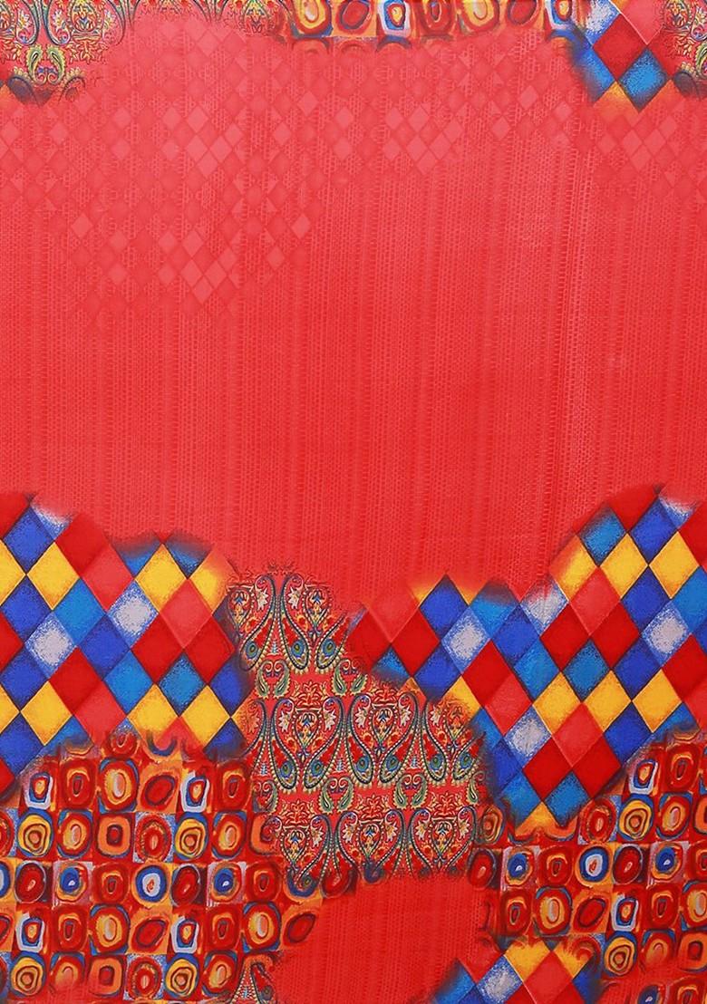 Red Printed Georgette Saree Set