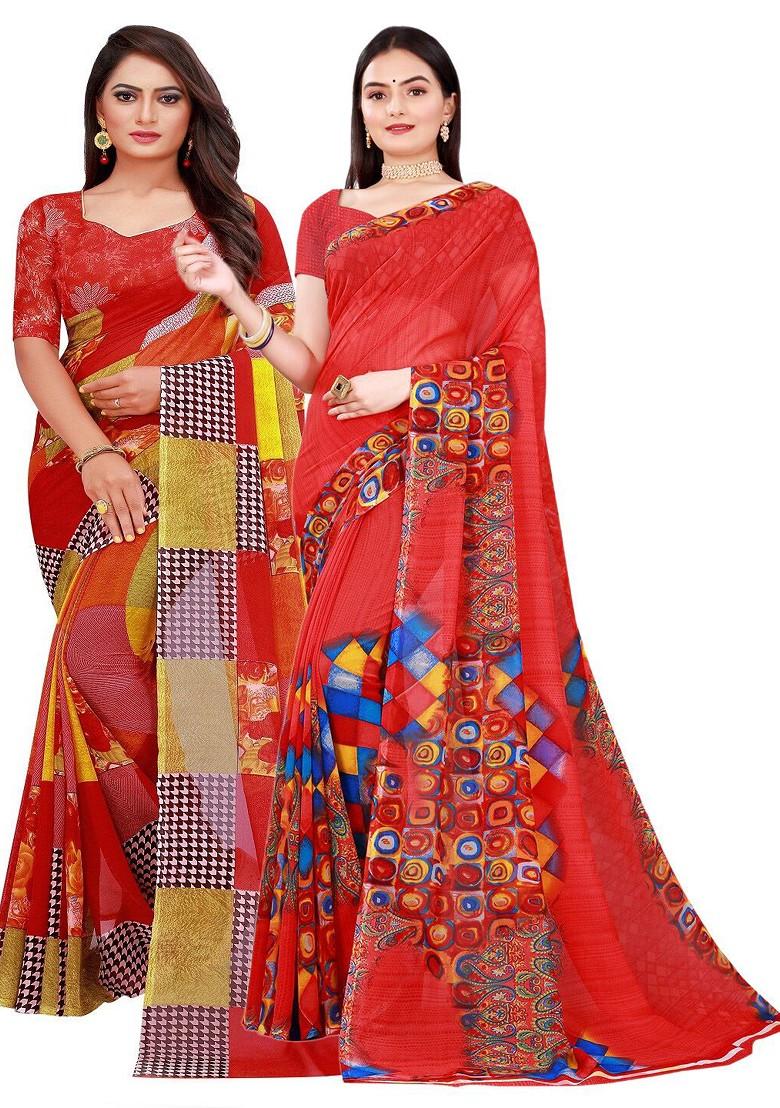 Red Printed Georgette Saree Set