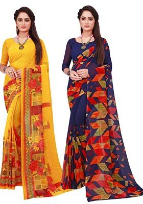 Navy Blue Printed Georgette Saree Set (Set Of 2)