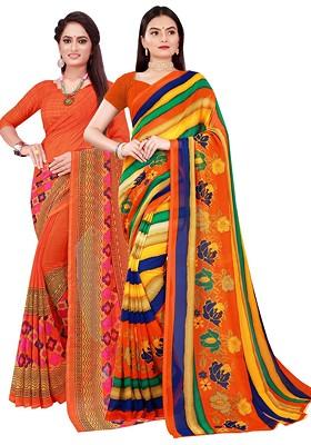 Orange Embroidered Georgette Saree Set (Set Of 2)