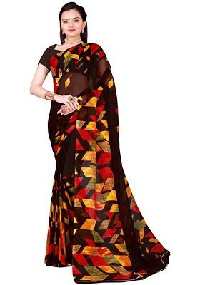 Brown Floral Georgette Saree Set