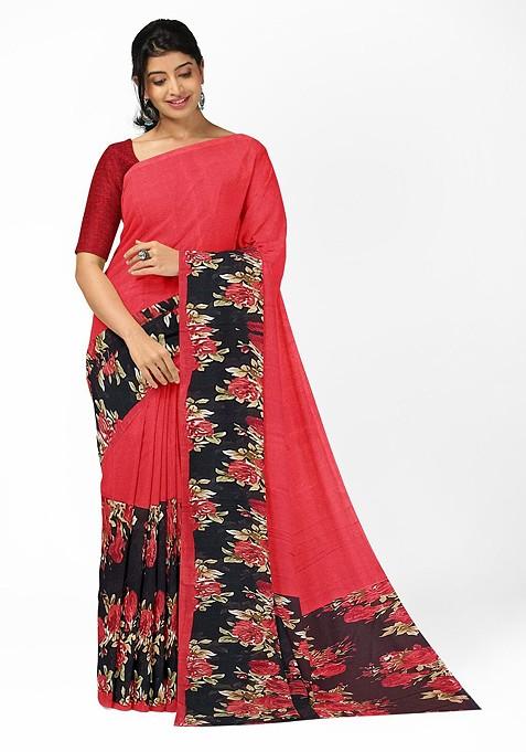 Red Floral Georgette Saree Set