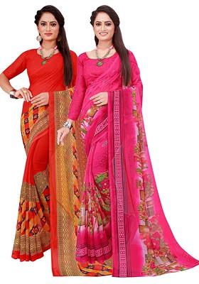 Pink Embroidered Georgette Saree Set (Set Of 2)