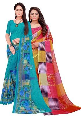 Red Printed Georgette Saree Set