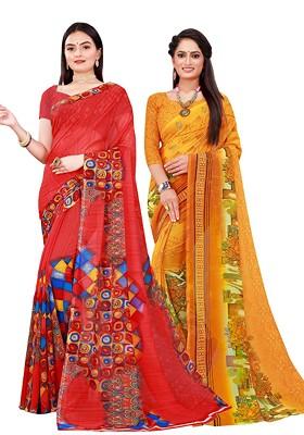 Red Printed Poly Blend Saree Set (Set Of 2)