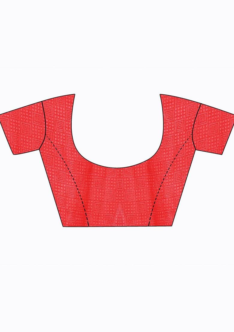 Red Printed Poly Blend Saree Set (Set Of 2)