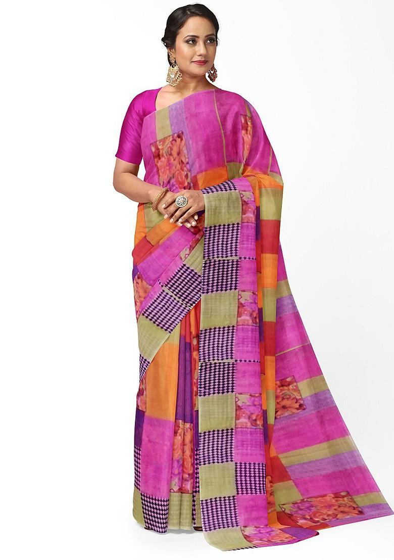 Pink Printed Georgette Saree Set