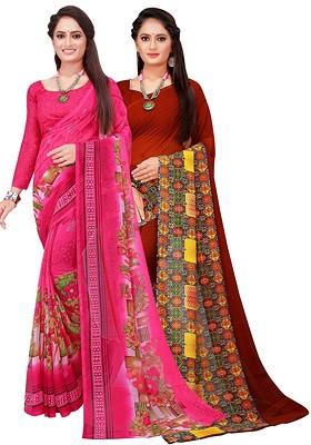 Brown Embroidered Poly Blend Saree Set