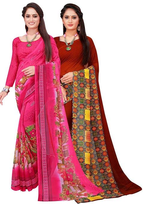 Brown Embroidered Poly Blend Saree Set