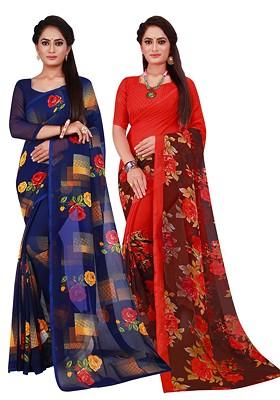 Navy Blue Embroidered Poly Blend Saree Set