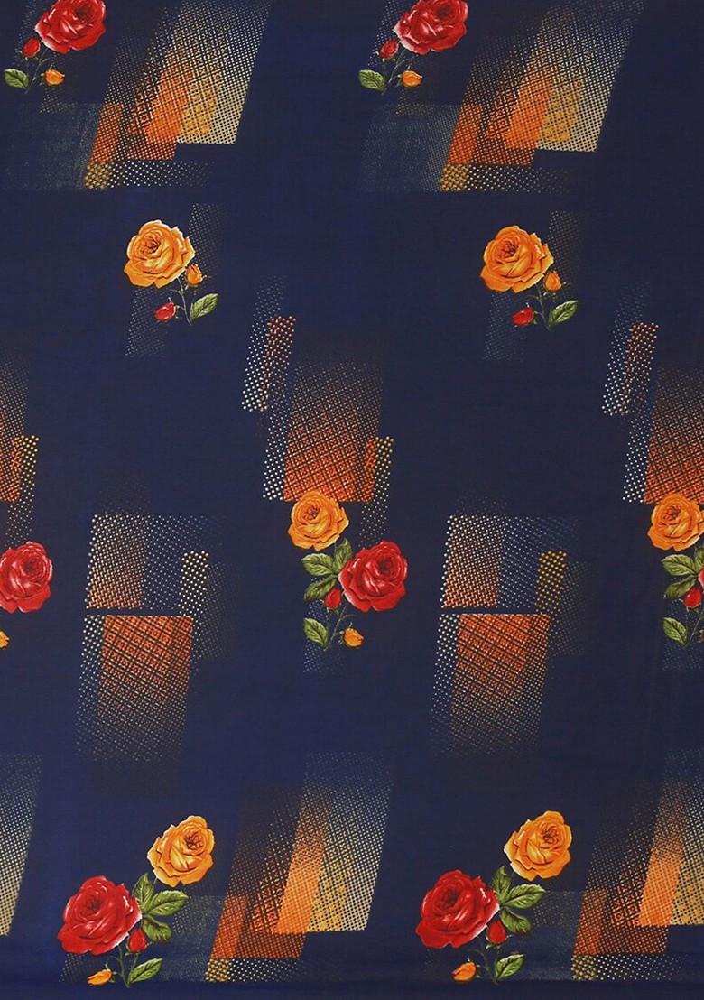 Navy Blue Embroidered Poly Blend Saree Set