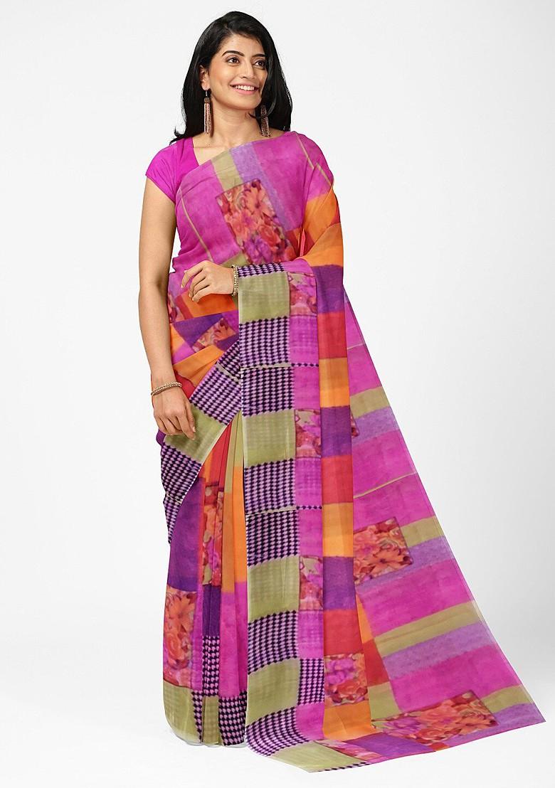 Pink Printed Georgette Saree Set