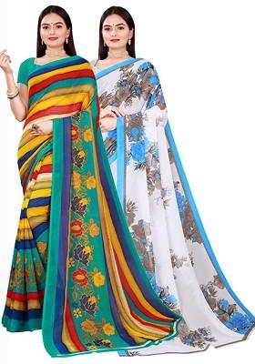 White Floral Georgette Saree Set (Set Of 2)
