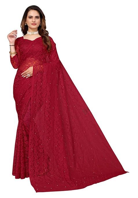 Maroon Floral Net Saree Set