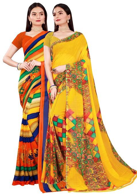 Yellow Embroidered Georgette Saree Set