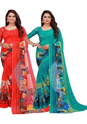 Teal Green Embroidered Georgette Saree Set (Set Of 2)