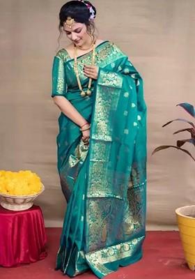 Teal Green woven Kanjeevaram Saree Set