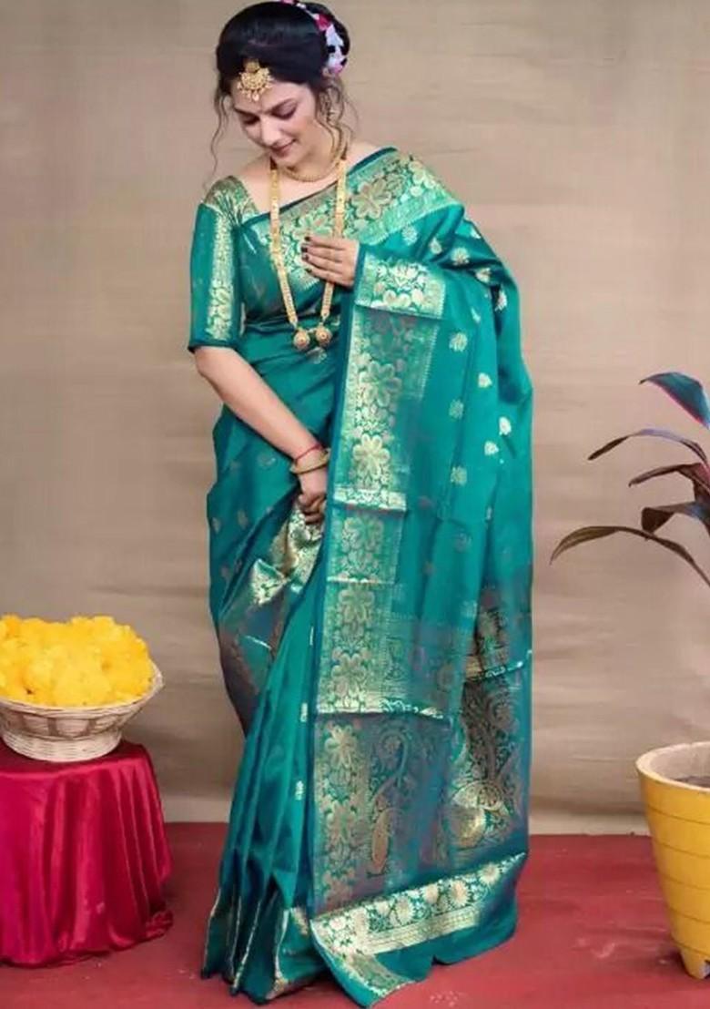 Teal Green woven Kanjeevaram Saree Set