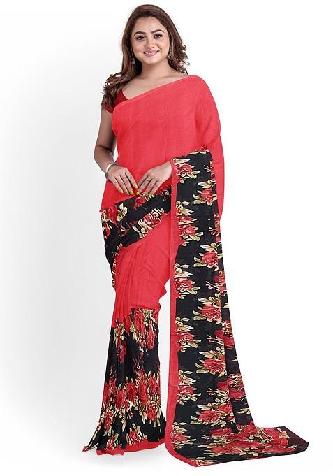 Red Floral Georgette Saree Set