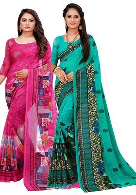 Magenta Embroidered Poly Blend Saree Set