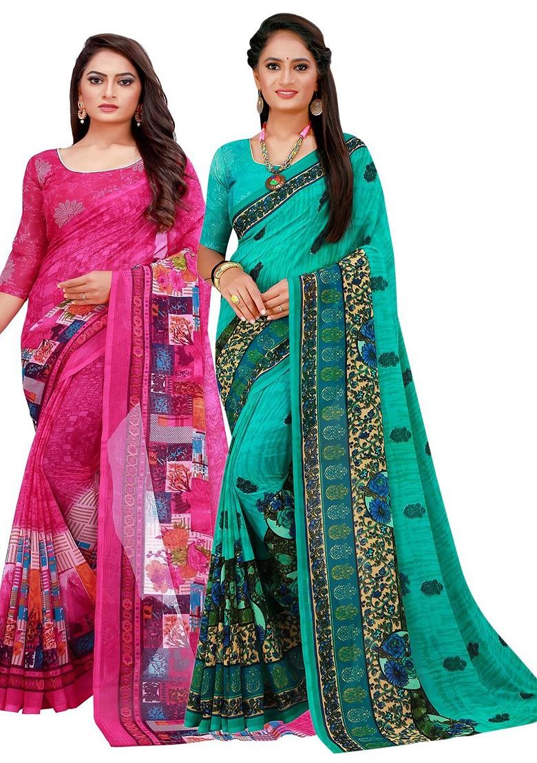 Magenta Embroidered Poly Blend Saree Set