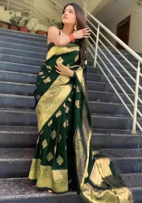 Green woven Banarasi Saree Set