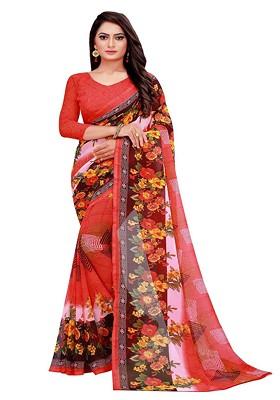 Peach Floral Georgette Saree Set