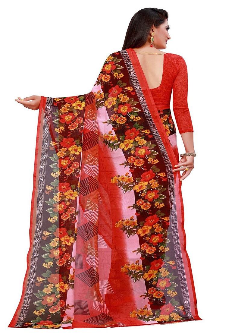 Peach Floral Georgette Saree Set