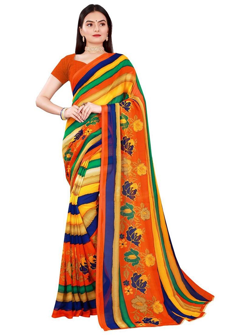 Yellow Striped Georgette Saree Set