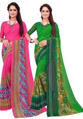 Green Geometric Print Georgette Saree Set (Set Of 2)