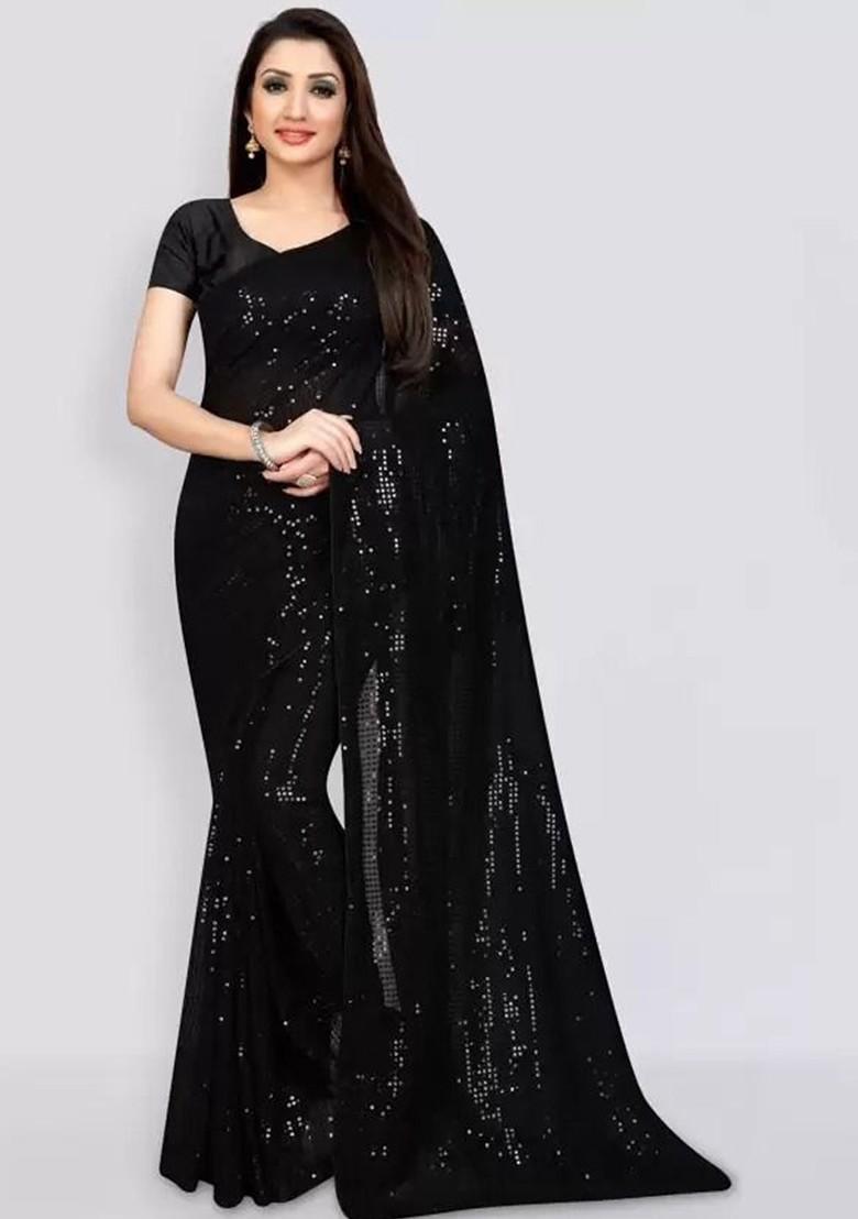 Black Embellished Poly Blend Saree Set