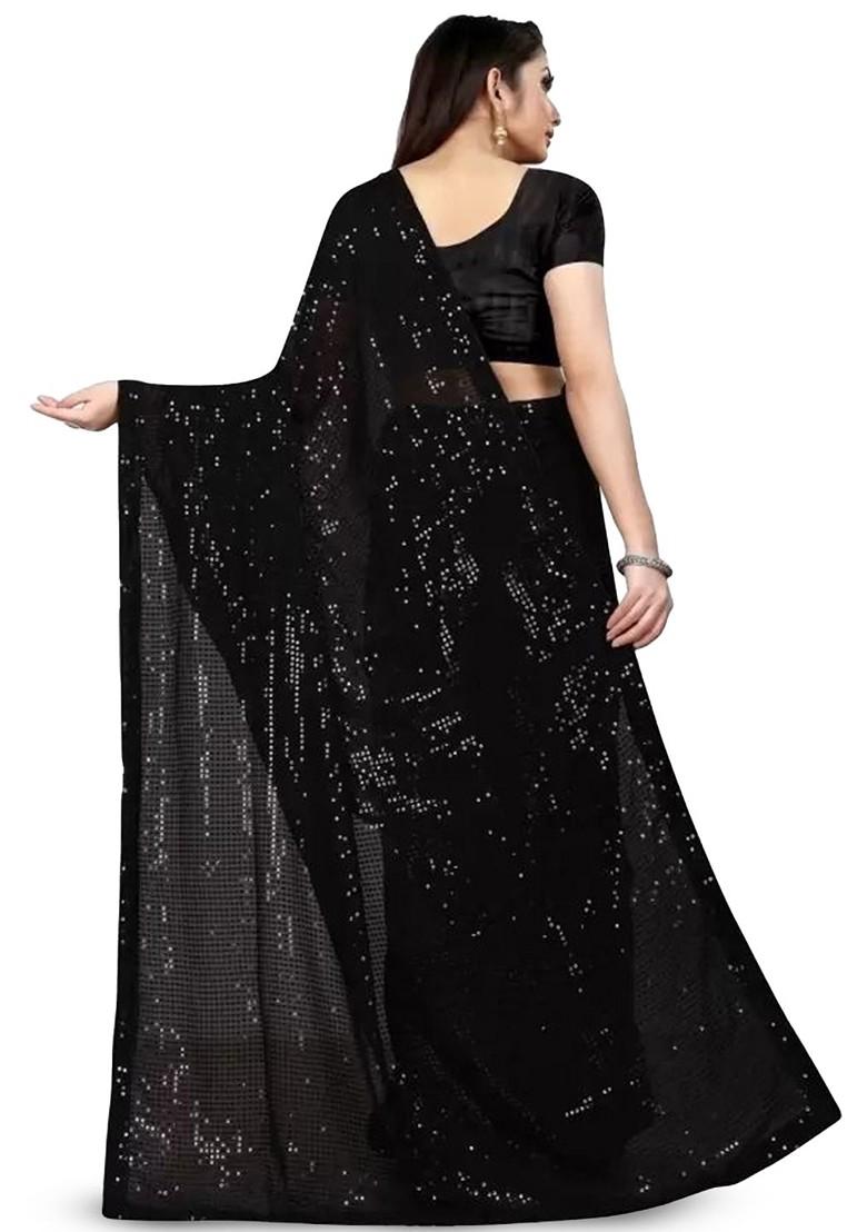 Black Embellished Poly Blend Saree Set