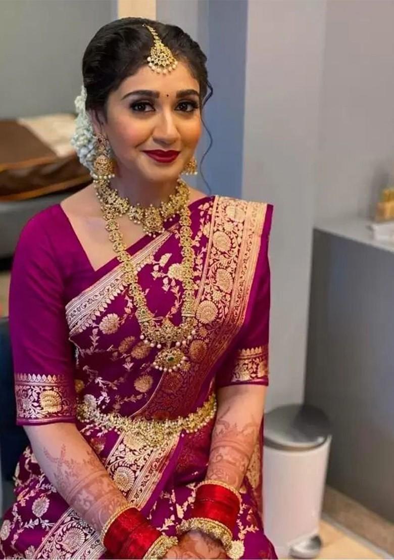 Burgundy woven Silk Saree Set