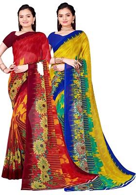Olive Green Floral Georgette Saree Set (Set Of 2)