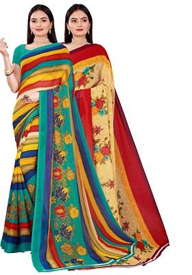 Multi Printed Georgette Saree Set (Set Of 2)