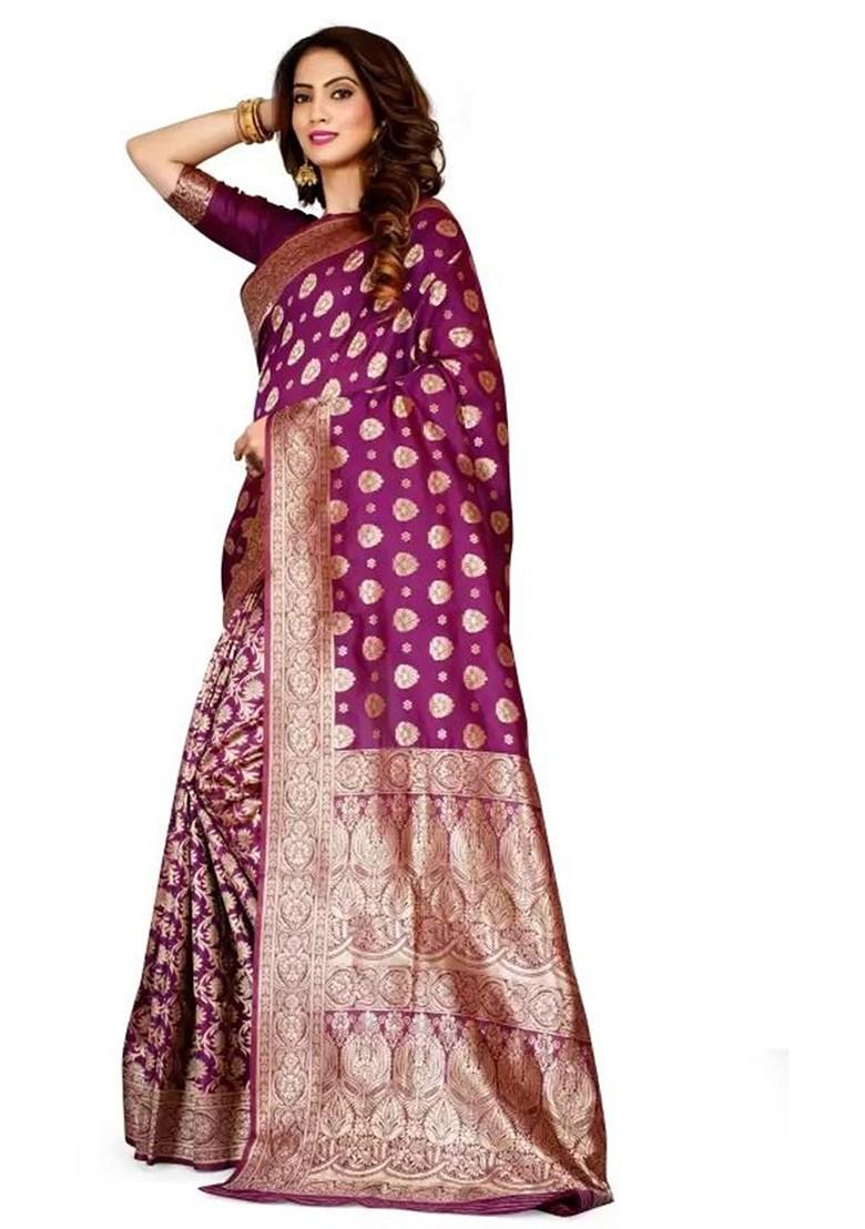 Burgundy woven Silk Saree Set