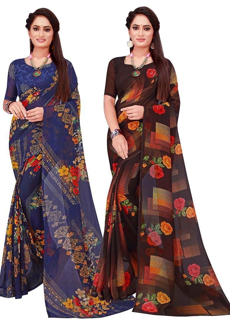 Black Embroidered Georgette Saree Set (Set Of 2)
