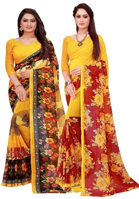 Yellow Embroidered Poly Blend Saree Set