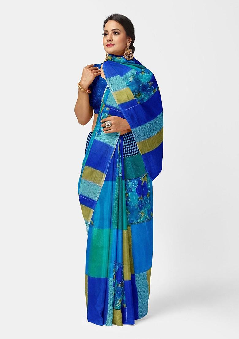 Blue Printed Georgette Saree Set