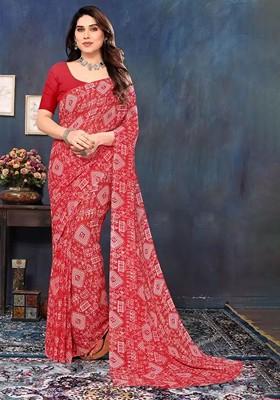 Red Printed Georgette Saree Set