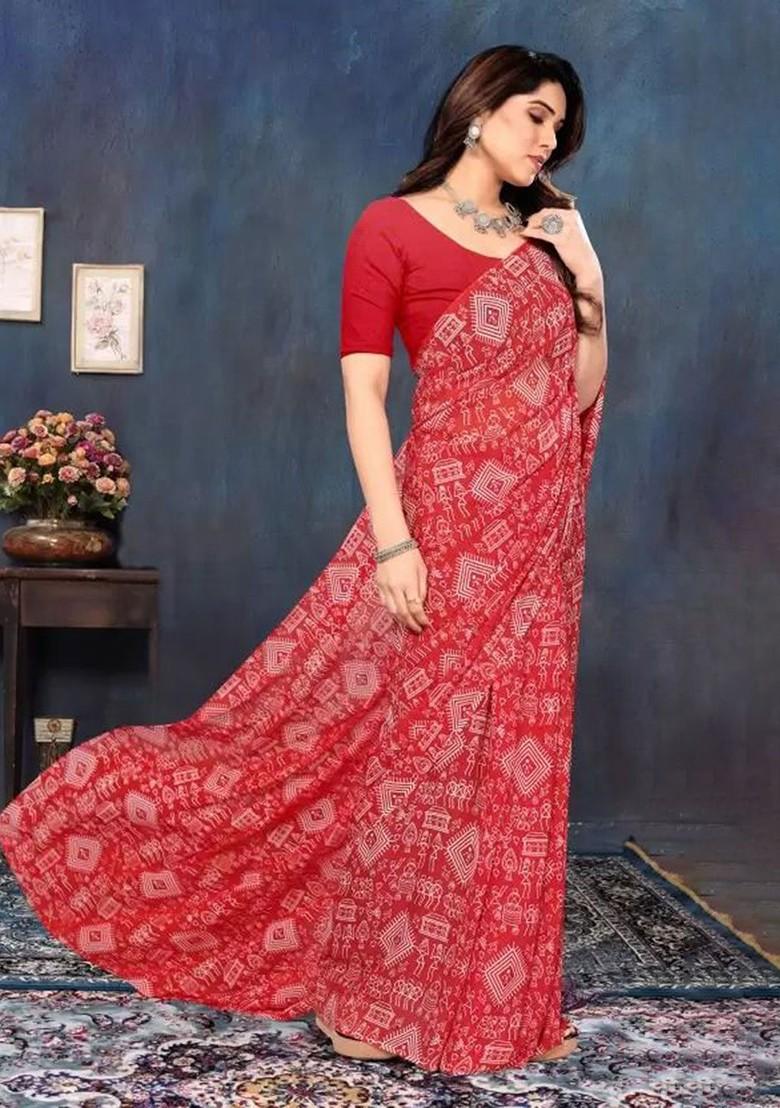 Red Printed Georgette Saree Set
