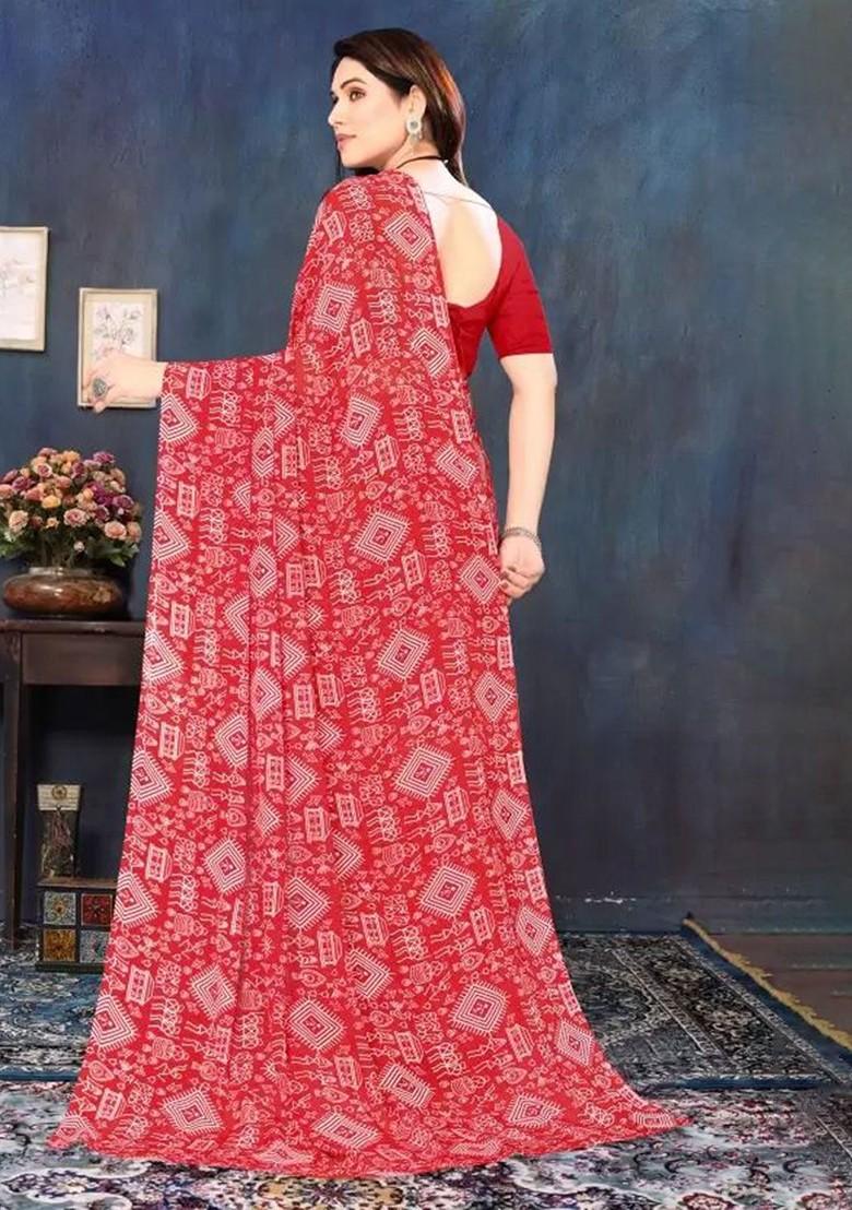 Red Printed Georgette Saree Set