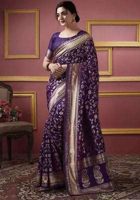 Burgundy woven Silk Saree Set