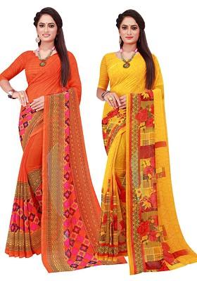 Orange Printed Georgette Saree Set (Set Of 2)