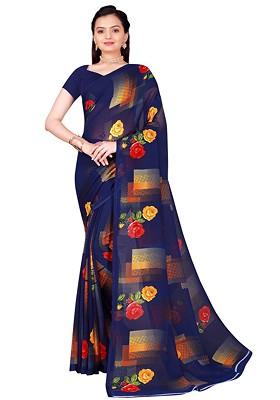 Navy Blue Floral Georgette Saree Set