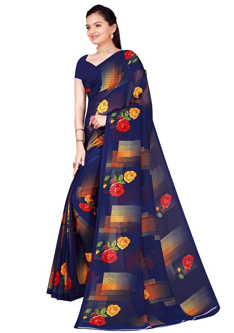 Navy Blue Floral Georgette Saree Set